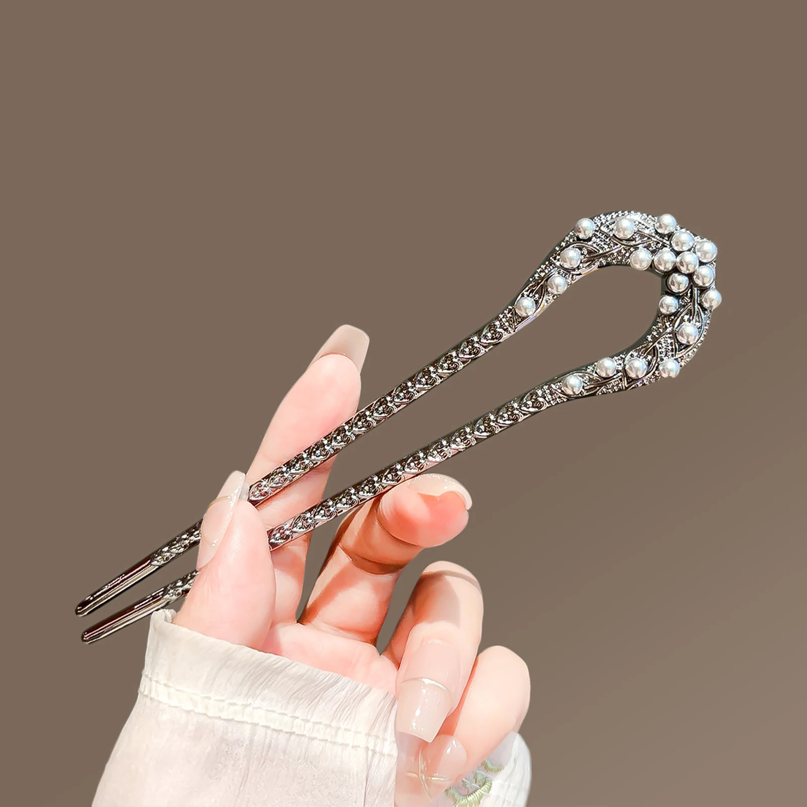 Pearl Leaf U Shaped Hair Pin Vintage Style Hair Stick Elegant Updo Styling Accessory for Women Long Thick Hair Wedding Party