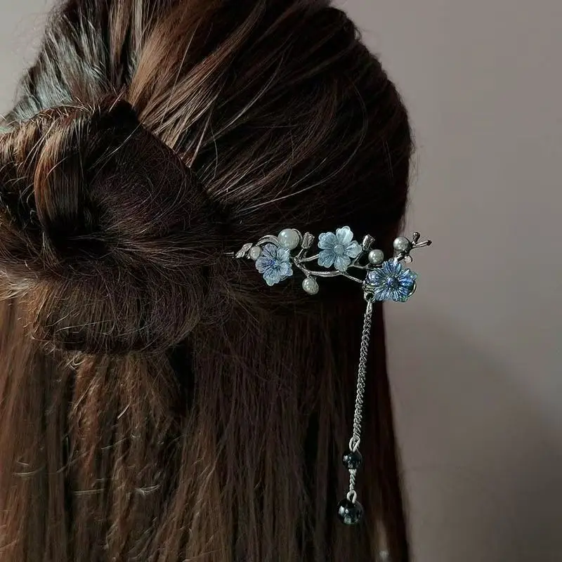 Classic Hair Stick Chopsticks Ink Color Flower Metal Fringe Hairpin For Women Pearl Black Beads Cheongsam Hair Bun Jewelry Gifts - Image 4