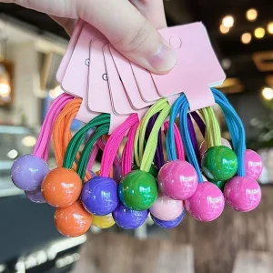 2/7pcs Cute Girls' Candy-Colored Long Rubber Bands, Ponytail Hair Bands, Round Balls, Colorful Headbands, Princess Headwear