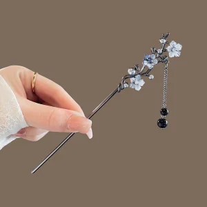 Classic Hair Stick Chopsticks Ink Color Flower Metal Fringe Hairpin For Women Pearl Black Beads Cheongsam Hair Bun Jewelry Gifts