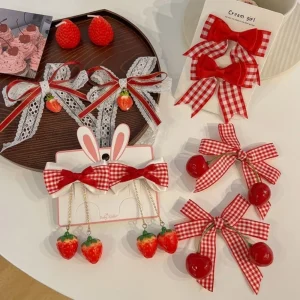 1pair Cute Red Cherry Hair Clip Cloth Bow Headflower Strawberry Side Hairpins Barrettes Headwear Bow Hairpins Girls