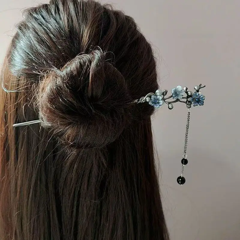 Classic Hair Stick Chopsticks Ink Color Flower Metal Fringe Hairpin For Women Pearl Black Beads Cheongsam Hair Bun Jewelry Gifts - Image 2