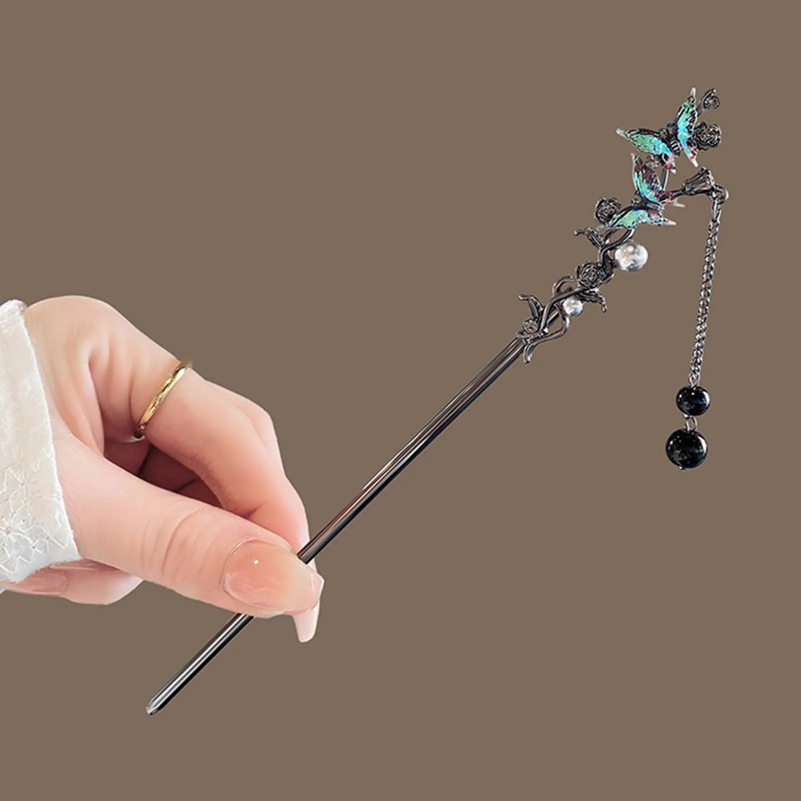 Classic Hair Stick Chopsticks Ink Color Flower Metal Fringe Hairpin For Women Pearl Black Beads Cheongsam Hair Bun Jewelry Gifts - Image 3